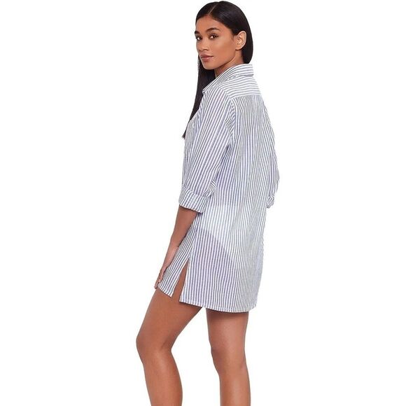 LAUREN Ralph Camp Shirt swim cover up Striped Cotton Button Down Top Blue MD - Picture 3 of 14